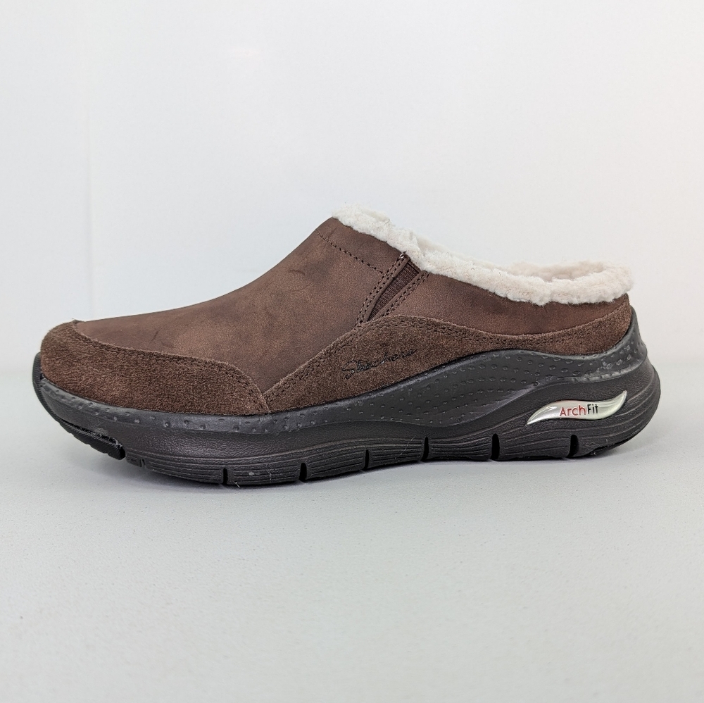 Sketchers Arch Fit Quick Escape Mules Womens Sz 6.5 Brown Slip On Shoes 167202